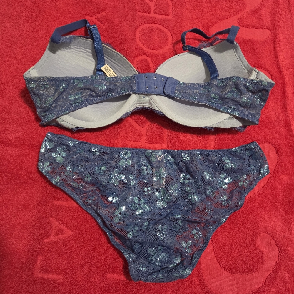 Victorias Secret Lace Bra and Panty Set in Blue Purple 36c Medium - Picture 2 of 4